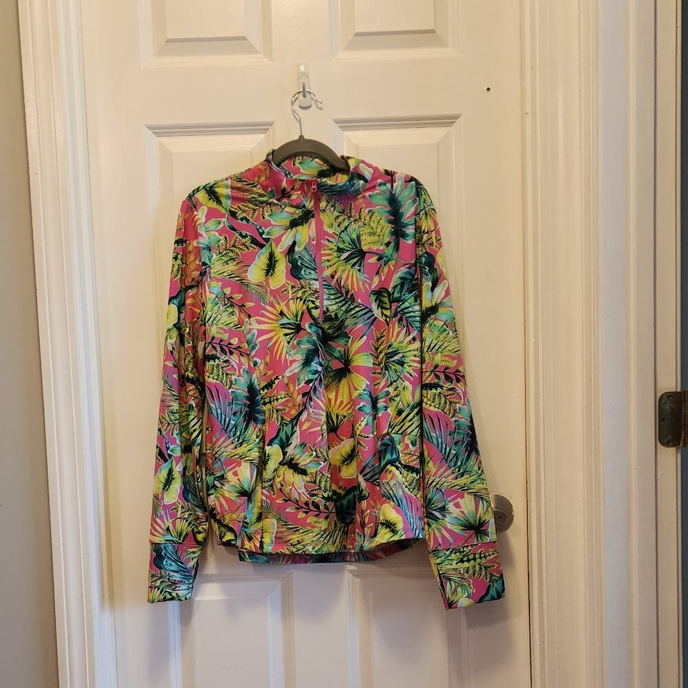 Tommy Bahama XL Golf Shirt Women Pink Tropical Long Sleeve Zip Neck Tennis 🌺🎾